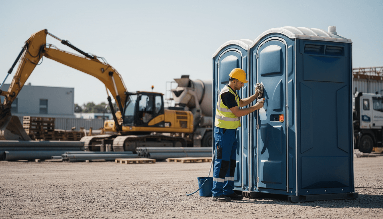 Latrine technician performing maintenance on a portable restroom unit at a worksite