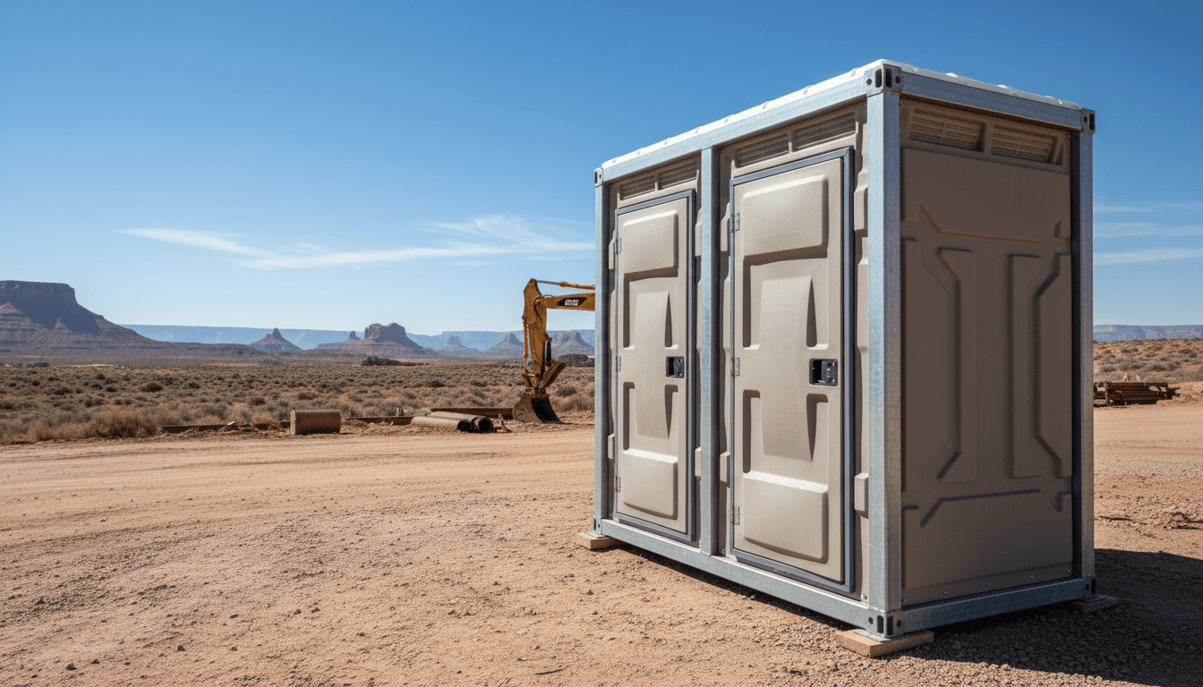 Modern portable restroom unit at a worksite in Fillmore, Utah