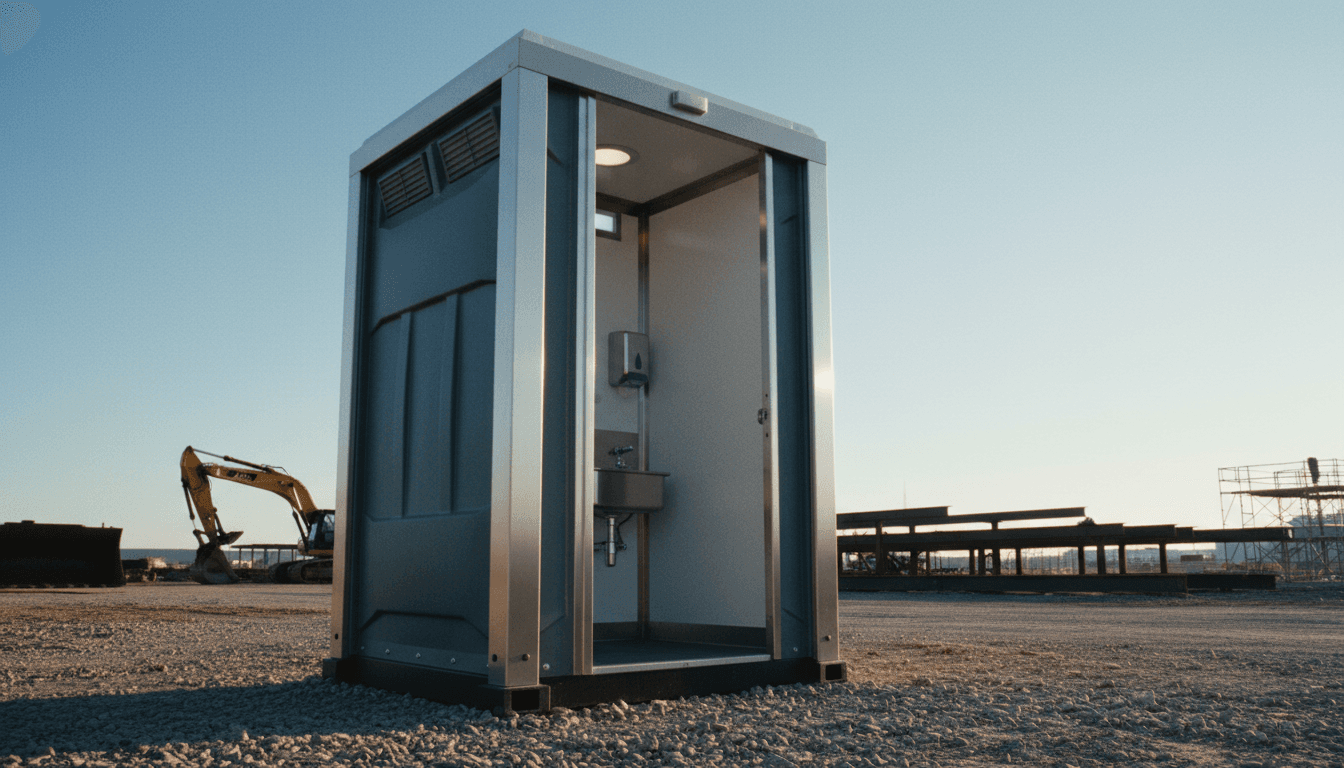 Modern portable restroom unit on a clean worksite in Fillmore