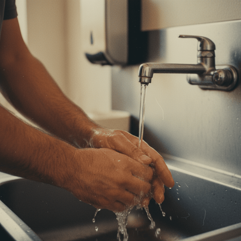 Worker using hand-washing station